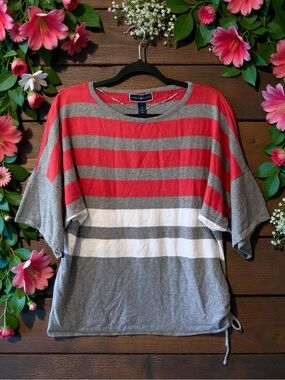Karen Scott Grey, Coral & White Striped Dolman Sleeve Knit Top